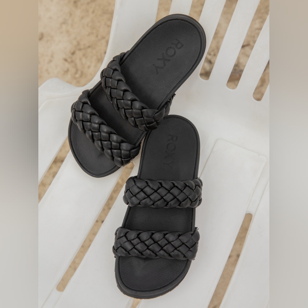 Roxy Women's Black Slippy  Double-Braid Slide Sandals